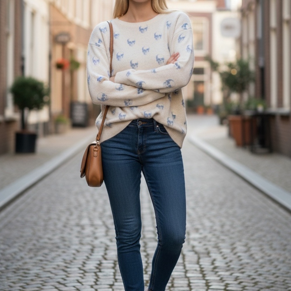 Skull Cashmere Cream and Blue Sweater